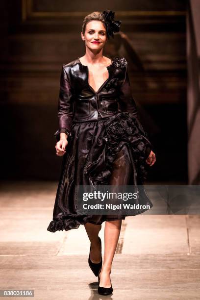 Model walks the runway at the Kjell Nordstrom - Black Rose by BvB show during the Fashion Week Oslo Spring/Summer 2018 at the Kulturkirken Jakob on...