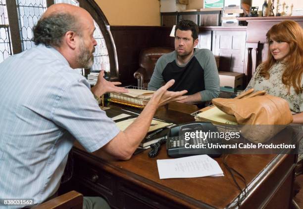 Fuzz Buddies" Episode 307 -- Pictured: Scott Adsit as Stan, Billy Eichner as Billy Epstein, Julie Klausner as Julie Kessler --