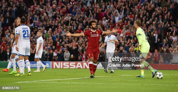 Mohamed Salah of Liverpool celebrates after scoring during the UEFA Champions League Qualifying Play-Offs round second leg match between Liverpool FC...