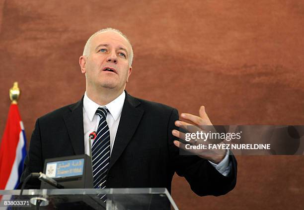 British Minister of State Bill Rammell gestures during a joint press conference with Algerian Minister for Maghreb and African Affairs Abdelkader...