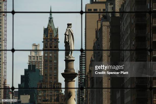 Foot statue of explorer Christopher Columbus stands in Columbus circle on August 23, 2017 in New York City. Following the recent violence in...