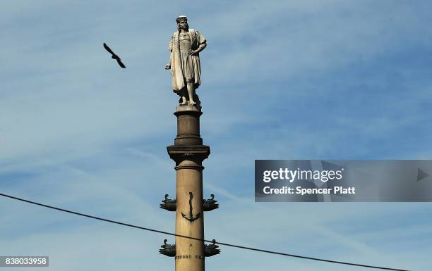 Foot statue of explorer Christopher Columbus stands in Columbus circle on August 23, 2017 in New York City. Following the recent violence in...