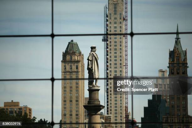 Foot statue of explorer Christopher Columbus stands in Columbus circle on August 23, 2017 in New York City. Following the recent violence in...