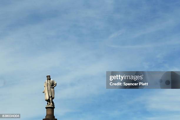 Foot statue of explorer Christopher Columbus stands in Columbus circle on August 23, 2017 in New York City. Following the recent violence in...