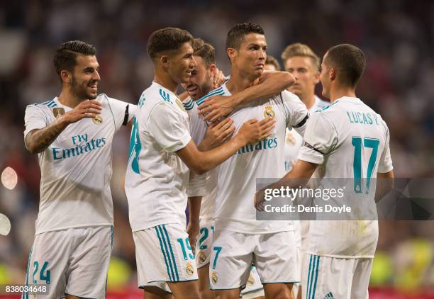 Cristiano Ronaldo of Real Madrid CF celebrates after scoring his teamÕs 2nd goalduring the Santiago Bernabeu Trophy match between Real Madrid CF and...