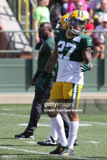 Green Bay Packers safety Josh Jones gets direction during Packers training camp at Ray Nitschke Field on August 22, 2017 in Green Bay, WI.