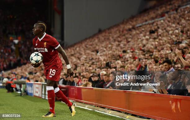 Sadio Mane of Liverpool during the UEFA Champions League Qualifying Play-Offs round second leg match between Liverpool FC and 1899 Hoffenheim at...
