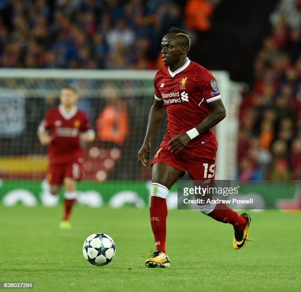 Sadio Mane of Liverpool during the UEFA Champions League Qualifying Play-Offs round second leg match between Liverpool FC and 1899 Hoffenheim at...