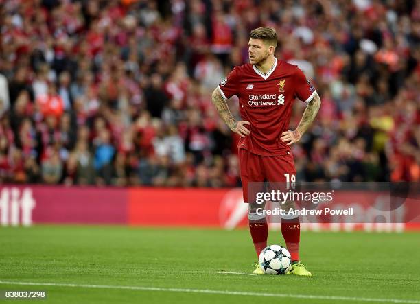 Alberto Moreno of Liverpool during the UEFA Champions League Qualifying Play-Offs round second leg match between Liverpool FC and 1899 Hoffenheim at...