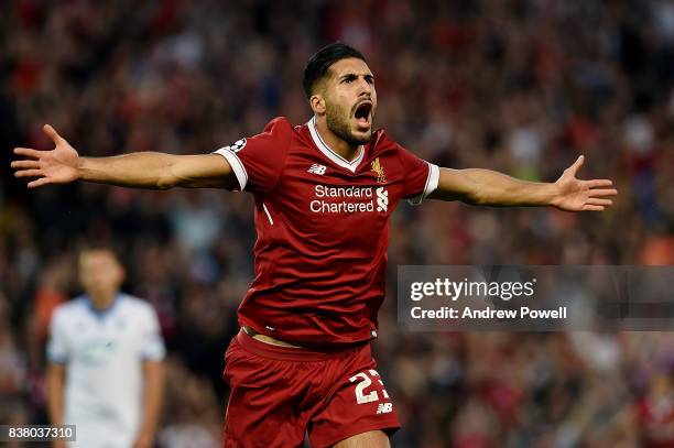 Emre Can of Liverpool celebrates during the UEFA Champions League Qualifying Play-Offs round second leg match between Liverpool FC and 1899...