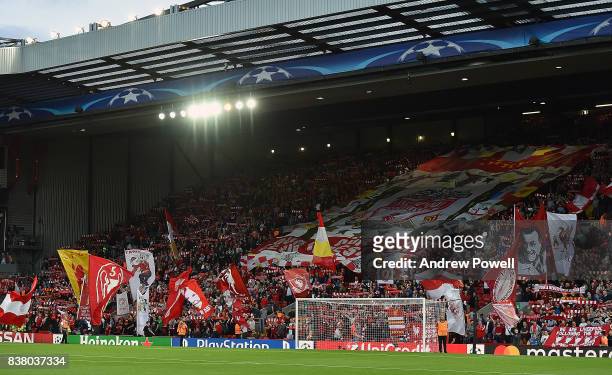 Fans of Liverpool during the UEFA Champions League Qualifying Play-Offs round second leg match between Liverpool FC and 1899 Hoffenheim at Anfield on...