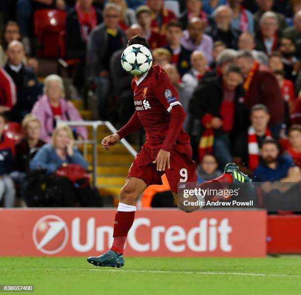 Roberto Firmino of Liverpool during the UEFA Champions League Qualifying Play-Offs round second leg match between Liverpool FC and 1899 Hoffenheim at...