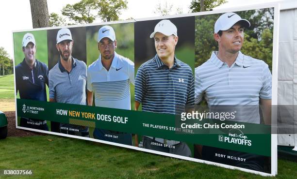 FedExCup playoffs signage are seen during practice for THE NORTHERN TRUST at Glen Oaks Club on August 23 in Old Westbury, New York.
