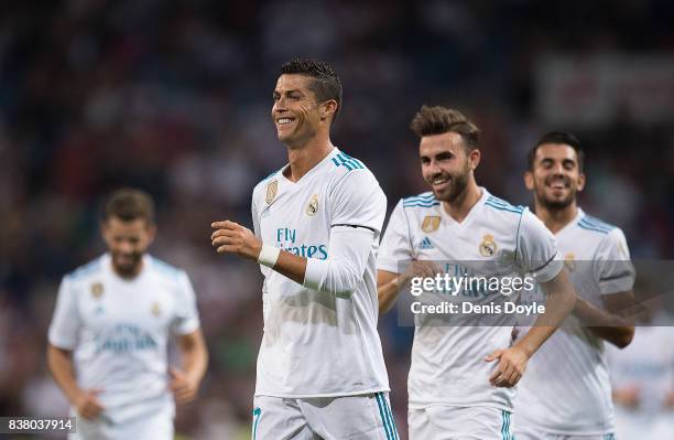 Cristiano Ronaldo of Real Madrid CF celebrates after scoring his teamÕs 2nd goalduring the Santiago Bernabeu Trophy match between Real Madrid CF and...