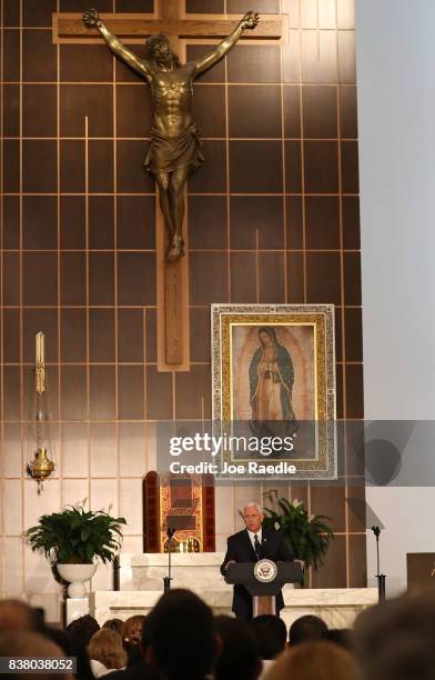 Vice President Mike Pence speaks about the ongoing crisis in Venezuela at Our Lady of Guadalupe Catholic Church on August 23, 2017 in Doral, Florida....