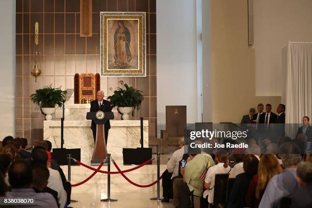 Vice President Mike Pence speaks about the ongoing crisis in Venezuela at Our Lady of Guadalupe Catholic Church on August 23, 2017 in Doral, Florida....