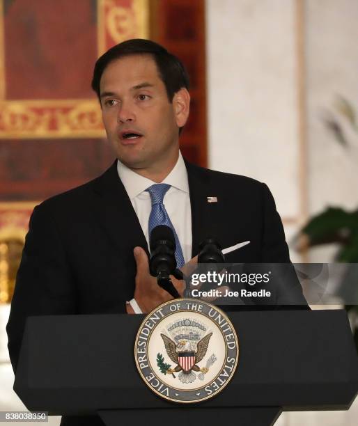 Sen. Marco Rubio speaks, before the arrival of Vice President Mike Pence, about the ongoing crisis in Venezuela at Our Lady of Guadalupe Catholic...