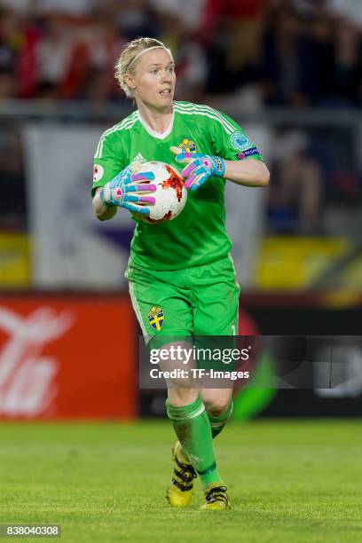 Goalkeeper Hedvig Lindahl of Sweden controls the ball during the Group B match between Germany and Sweden during the UEFA Women's Euro 2017 at Rat...