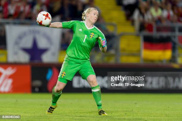 Goalkeeper Hedvig Lindahl of Sweden controls the ball during the Group B match between Germany and Sweden during the UEFA Women's Euro 2017 at Rat...