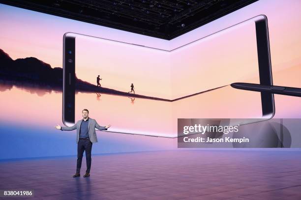 Justin Denison, Senior Vice President, Product Strategy and Marketing, Samsung Electronics America unveils the Galaxy Note8 during Unpacked at Park...