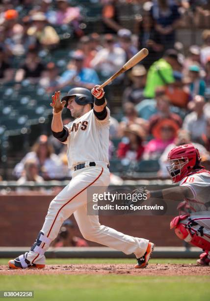 San Francisco Giants Catcher Buster Posey at bat during the San Francisco Giants versus Philadelphia Phillies Game on August 20, 2017 at AT&T Park in...