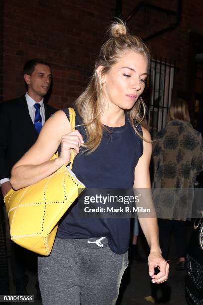 Sienna Miller leaving the Apollo Theatre after her performance in "Cat on a Hot Tin Roof" on August 23, 2017 in London, England.