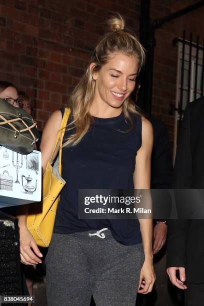 Sienna Miller leaving the Apollo Theatre after her performance in "Cat on a Hot Tin Roof" on August 23, 2017 in London, England.