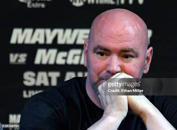 President Dana White attends a news conference for the bout between boxer Floyd Mayweather Jr. And UFC lightweight champion Conor McGregor at the KA...
