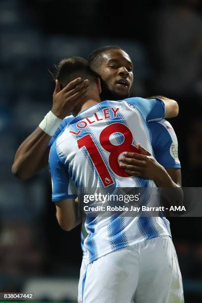 Joe Lolley of Huddersfield Town celebrates with Kasey Palmer of Huddersfield Town after scoring a goal to make it 2-1 during the Carabao Cup Second...