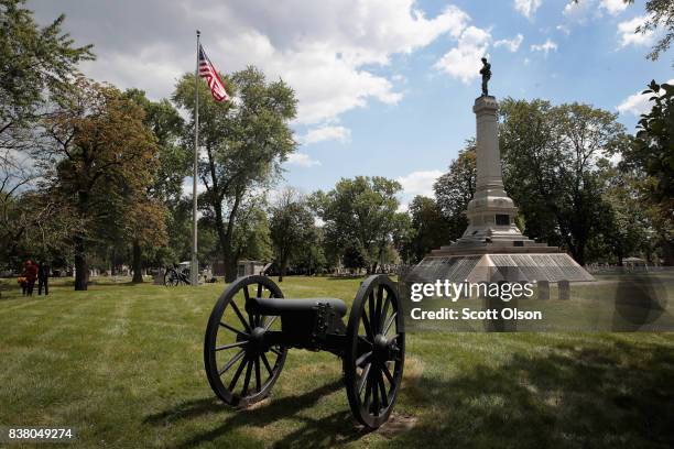 Confederate Mound, a memorial to more than 4,000 Confederate prisoners of war who died in captivity at Camp Douglas and are buried around the...