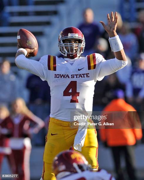 Quarterback Austen Arnaud of the Iowa State Cyclones throws the ball down field during the second quarter against the Kansas State Wildcats on...