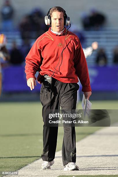 Head coach Gene Chizik of the Iowa State Cyclones walks the sidelines during a game against the Kansas State Wildcats on November 22, 2008 at Bill...