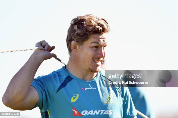 Michael Hooper looks on during an Australian Wallabies training session at Linwood Rugby Club on August 24, 2017 in Christchurch, New Zealand.