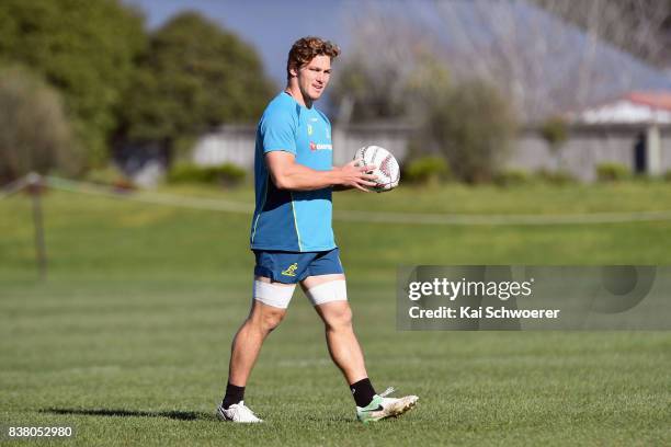 Michael Hooper looks on during an Australian Wallabies training session at Linwood Rugby Club on August 24, 2017 in Christchurch, New Zealand.