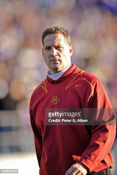 Head coach Gene Chizik of the Iowa State Cyclones walks off the field at half-time against the Kansas State Wildcats on November 22, 2008 at Bill...