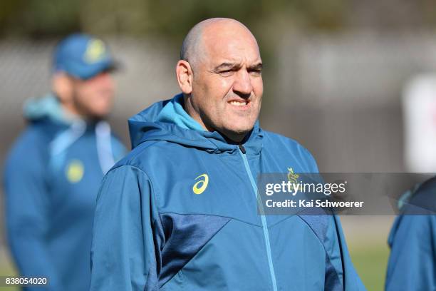 Forwards coach Mario Ledesma looks on during an Australian Wallabies training session at Linwood Rugby Club on August 24, 2017 in Christchurch, New...