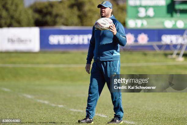 Head Coach Michael Cheika looks on during an Australian Wallabies training session at Linwood Rugby Club on August 24, 2017 in Christchurch, New...