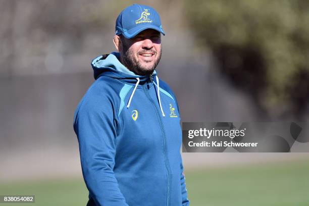 Head Coach Michael Cheika looks on during an Australian Wallabies training session at Linwood Rugby Club on August 24, 2017 in Christchurch, New...