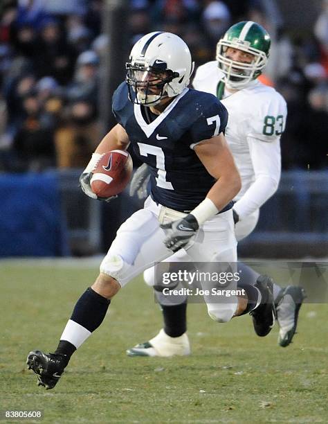 Anthony Scirrotto of the Penn State Nittany Lions returns an interception in front of Charlie Gantt of the Michigan State Spartans on November 22,...