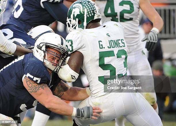 Shipley of the Penn State Nittany Lions blocks Greg Jones of the Michigan State Spartans on November 22, 2008 at Beaver Stadium in State College,...