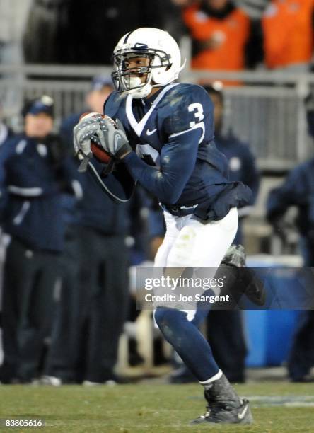 Deon Butler of the Penn State Nittany Lions pulls in a pass against the Michigan State Spartans on November 22, 2008 at Beaver Stadium in State...
