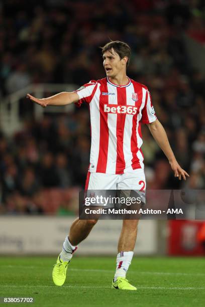 Philipp Wollscheid of Stoke City during the Carabao Cup Second Round match between Stoke City and Rochdale at Bet365 Stadium on August 23, 2017 in...