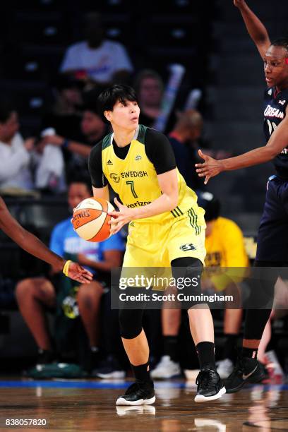 Ramu Tokashiki of the Seattle Storm handles the ball during the game against the Atlanta Dream during a WNBA game on August 23, 2017 at Hank McCamish...