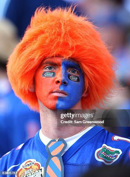 Male fan of the Florida Gators wears a colored wig and face paint during the game against the Citadel Bulldogs at Ben Hill Griffin Stadium on...