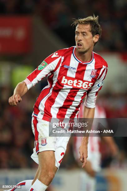 Peter Crouch of Stoke City during the Carabao Cup Second Round match between Stoke City and Rochdale at Bet365 Stadium on August 23, 2017 in Stoke on...