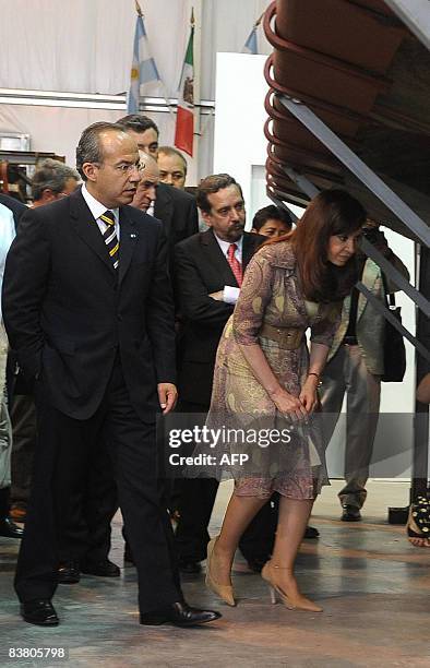 Argentina's President Cristina Kirchner and her Mexican counterpart Felipe Calderon look at part of a mural painting titled "Ejercicio Plastico" by...