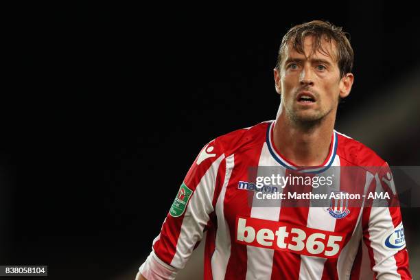 Peter Crouch of Stoke City during the Carabao Cup Second Round match between Stoke City and Rochdale at Bet365 Stadium on August 23, 2017 in Stoke on...