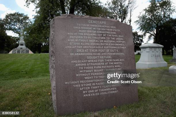 Cenotaph, a memorial to the Civil War-era "exiled abolitionists," sits near the Confederate Mound monument on August 23, 2017 in Chicago, Illinois....