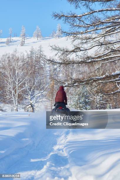 winter travel on snowmobile - cliqueimages stock-fotos und bilder