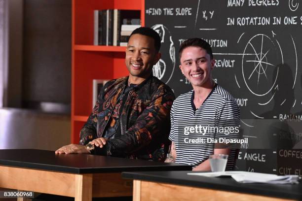 John Legend and Hunter Klugkist speak onstage at the announcement of the AXE Senior Orientation program on August 23, 2017 in New York City.